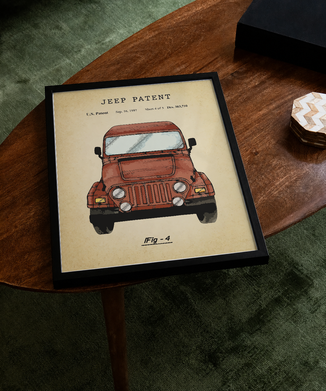Jeep patent print displayed on a tabletop