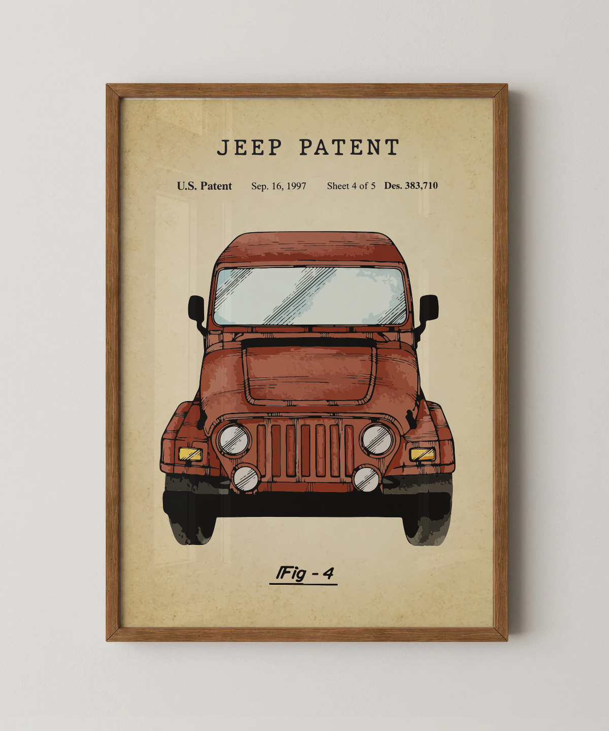 Jeep patent print in a natural oak wood frame
