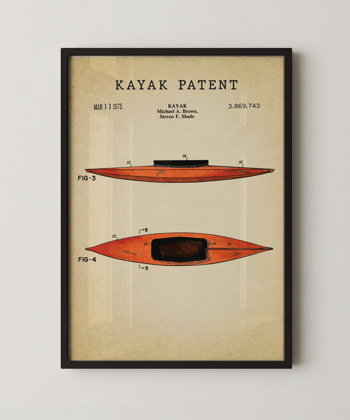 Kayak patent print in a black frame
