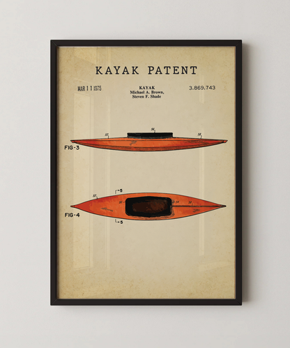 Kayak patent print in a black frame
