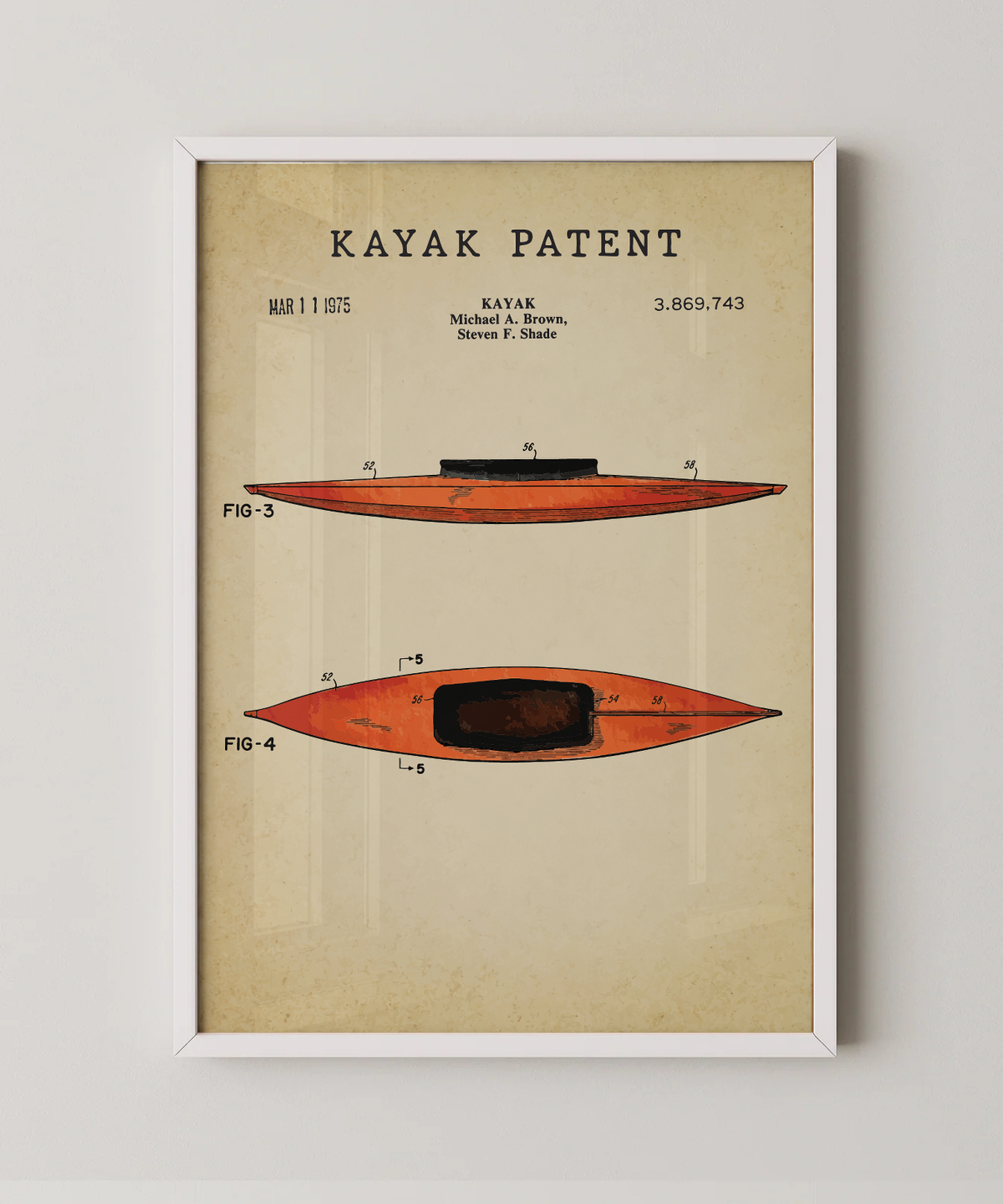 Kayak patent print in a white frame