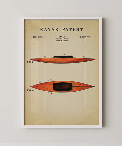 Kayak patent print in a white frame