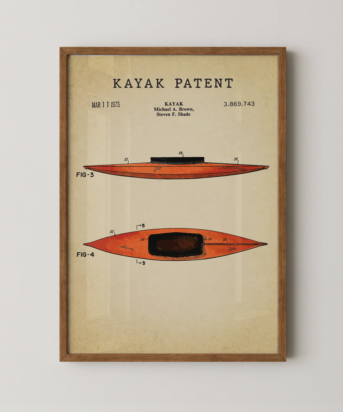 Kayak patent print in a natural oak wood frame