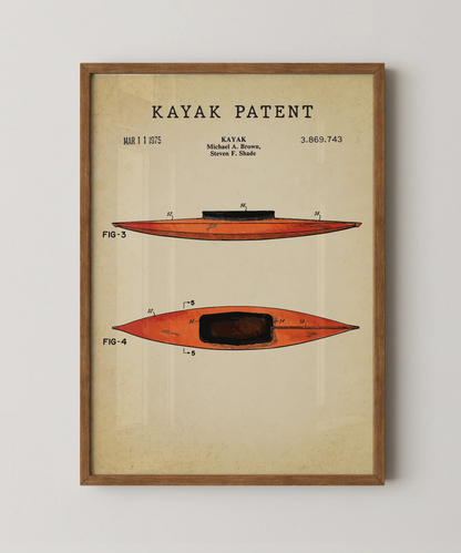 Kayak patent print in a natural oak wood frame