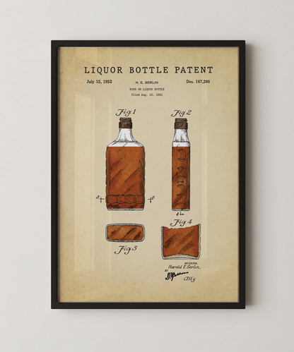 Liquor bottle patent print in a black frame