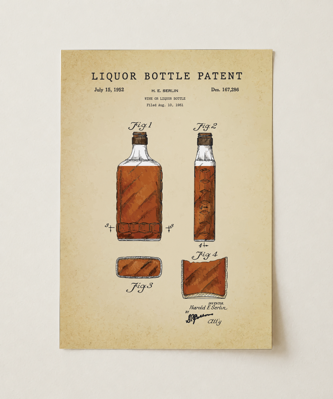 Liquor bottle patent print, unframed