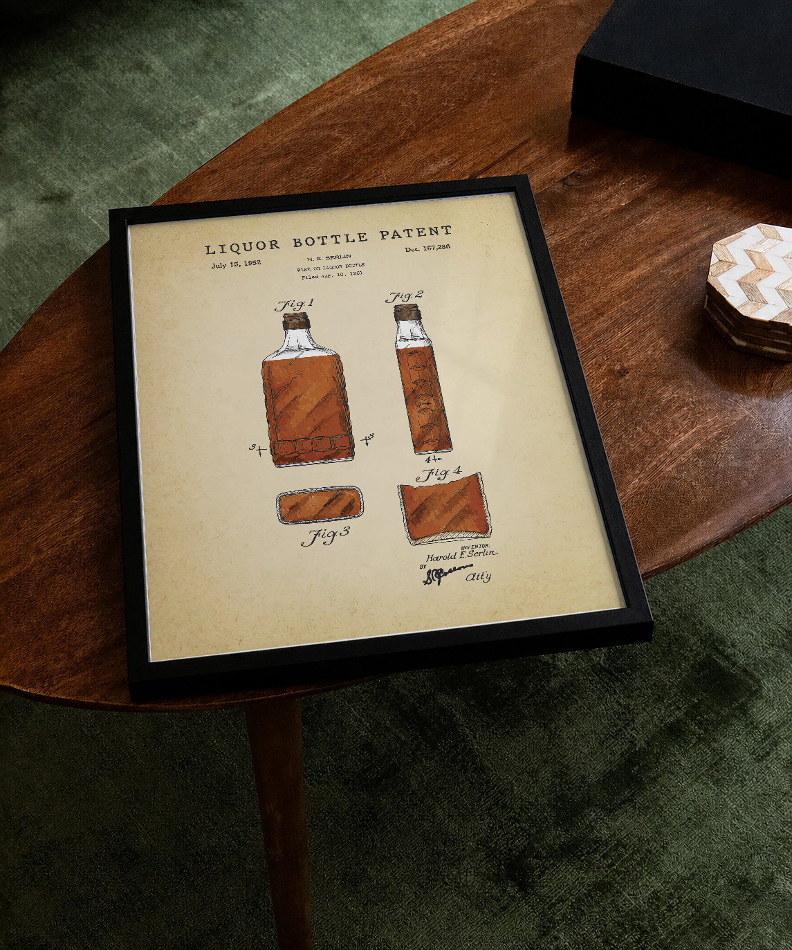 Liquor bottle patent print displayed on a tabletop