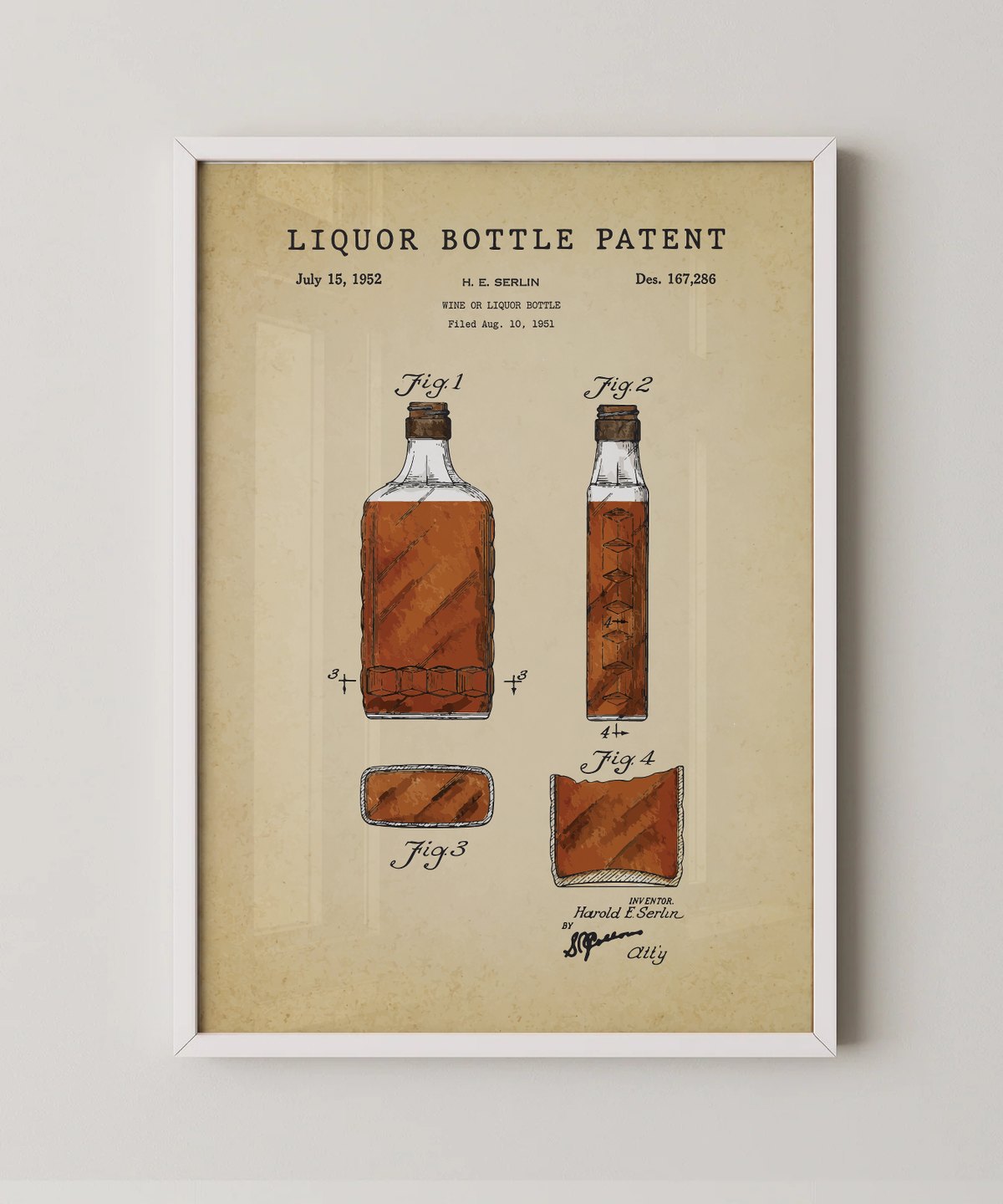 Liquor bottle patent print in a white frame