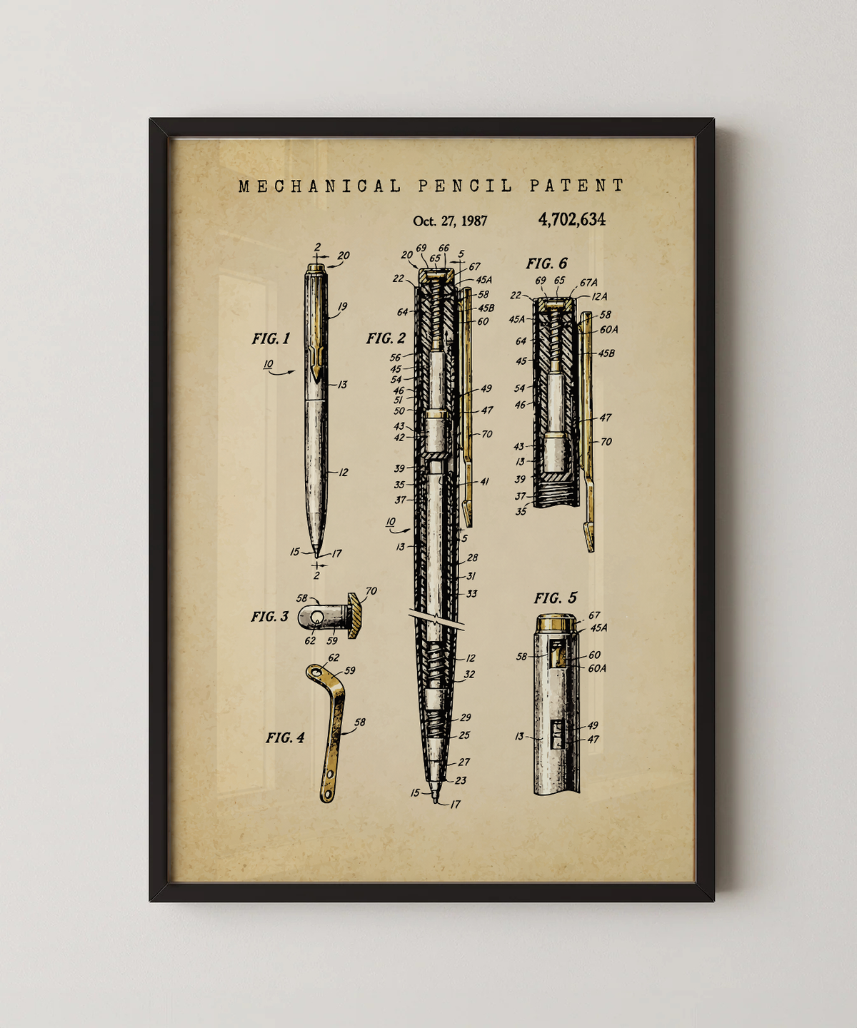 Mechanical pencil patent print in a black frame