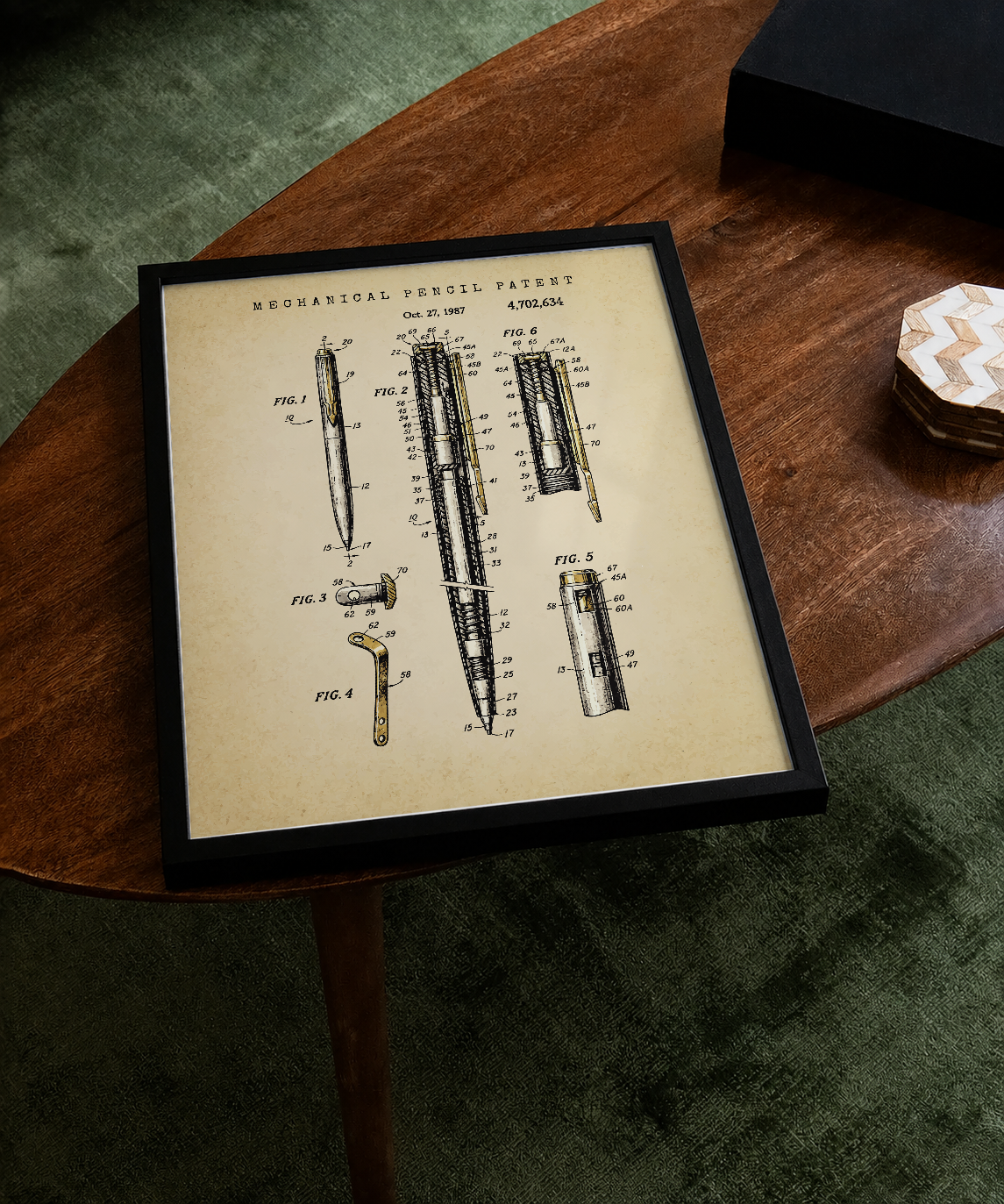 Mechanical pencil patent print displayed on a tabletop