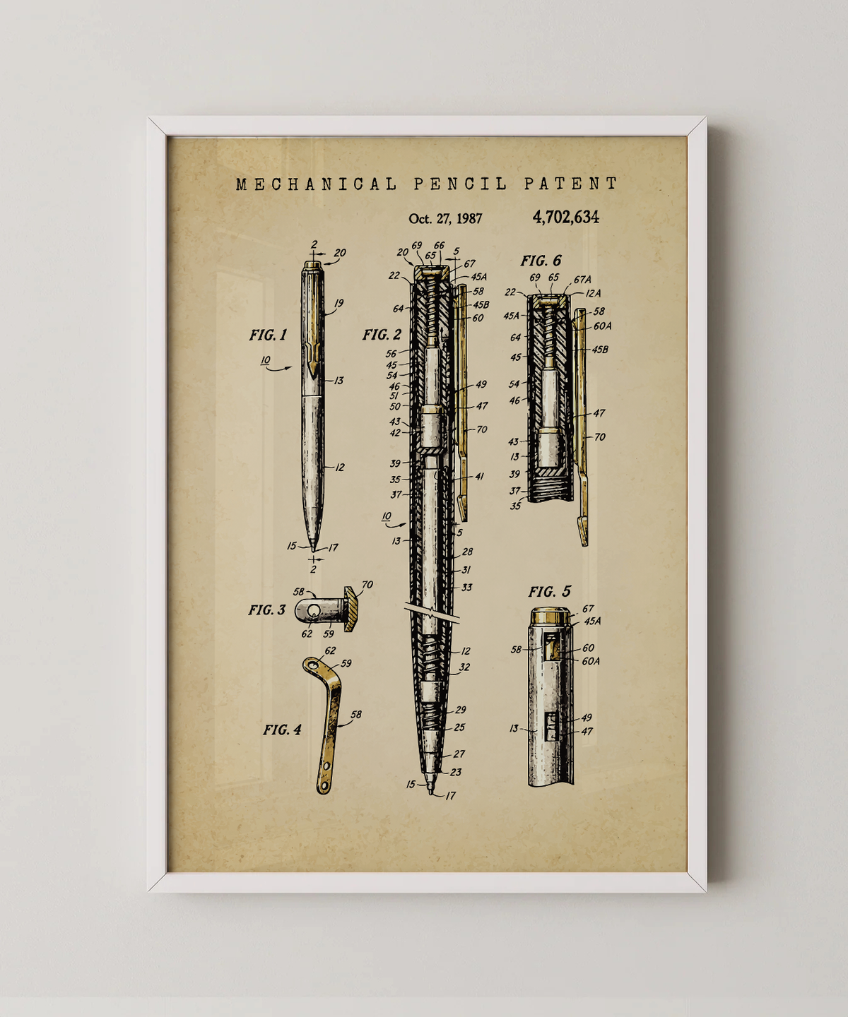 Mechanical pencil patent print in a white frame