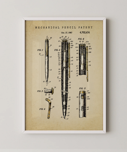 Mechanical pencil patent print in a white frame