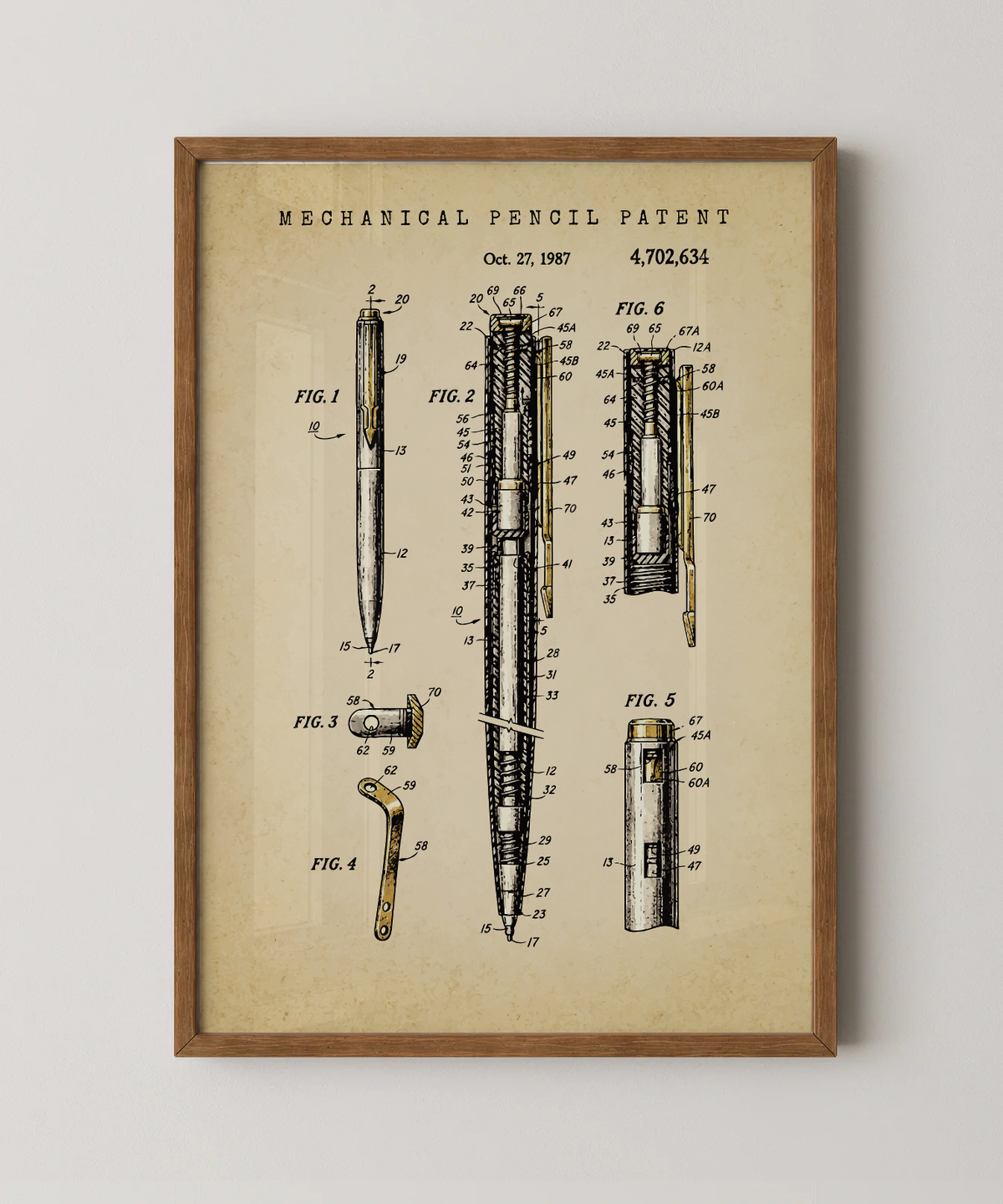 Mechanical pencil patent print in a natural oak wood frame