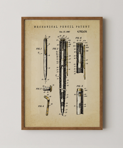 Mechanical pencil patent print in a natural oak wood frame