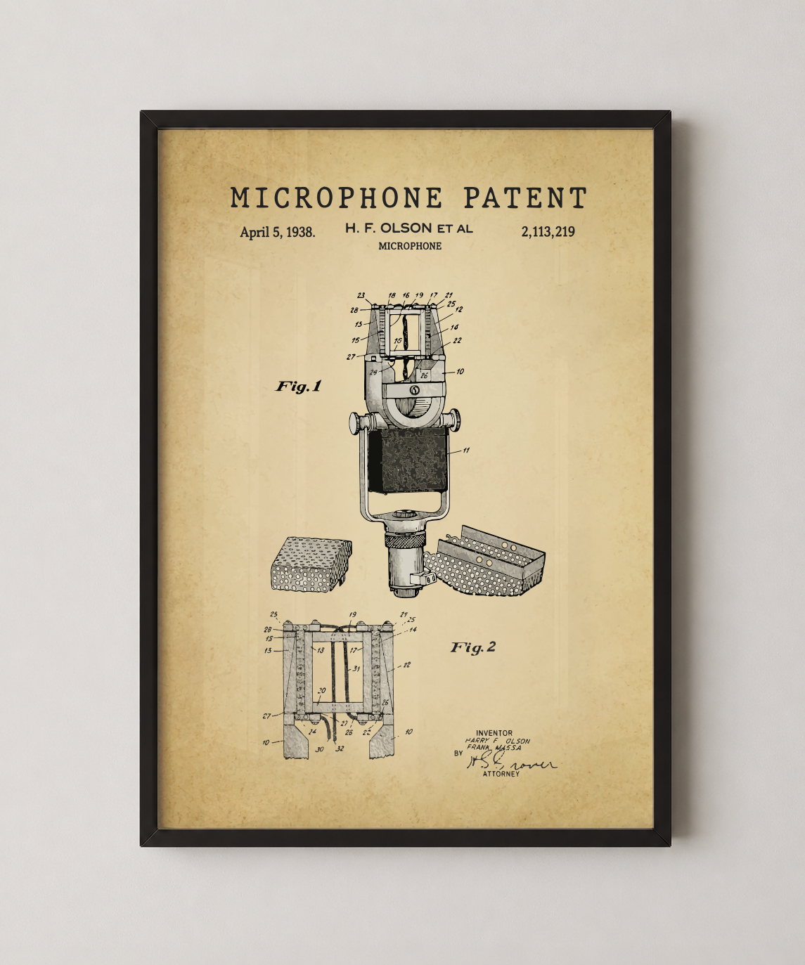 Microphone patent print in a black frame