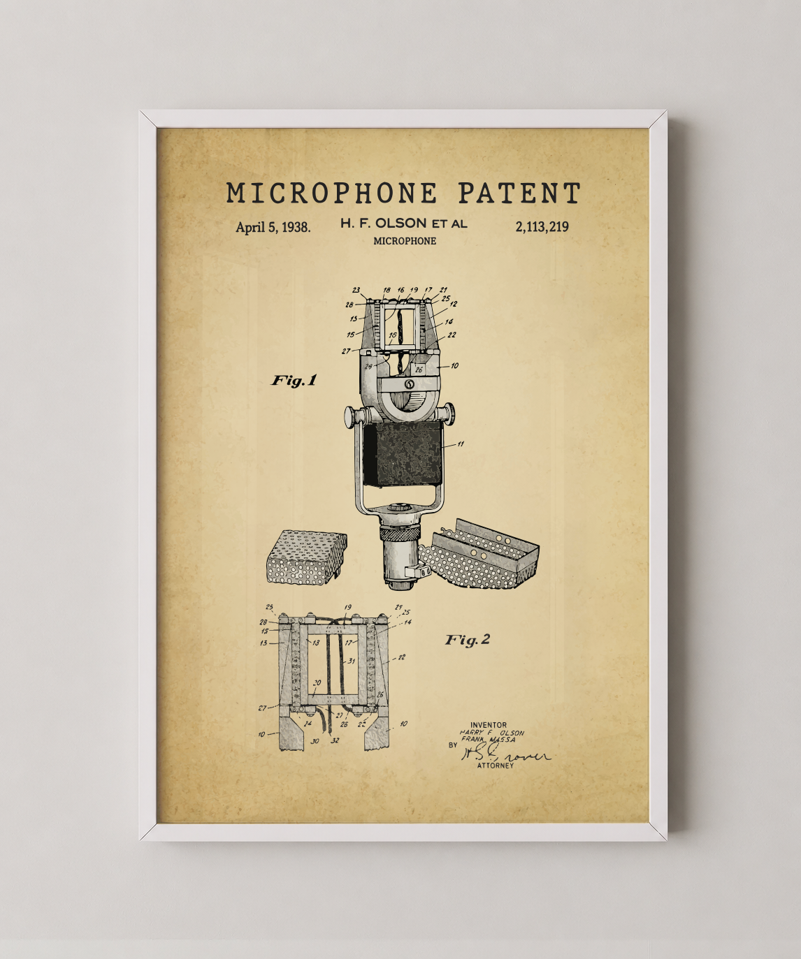 Microphone patent print in a white frame
