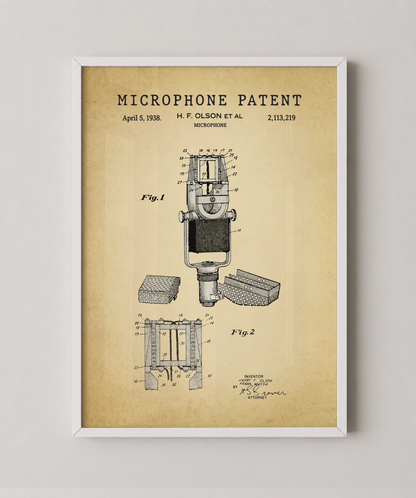 Microphone patent print in a white frame