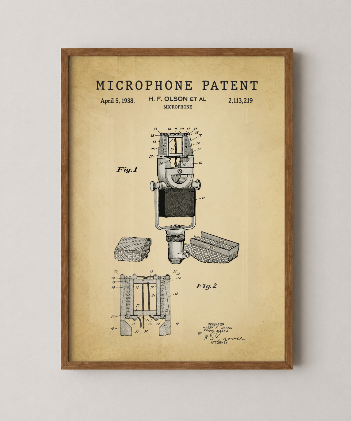 Microphone patent print in a natural oak wood frame