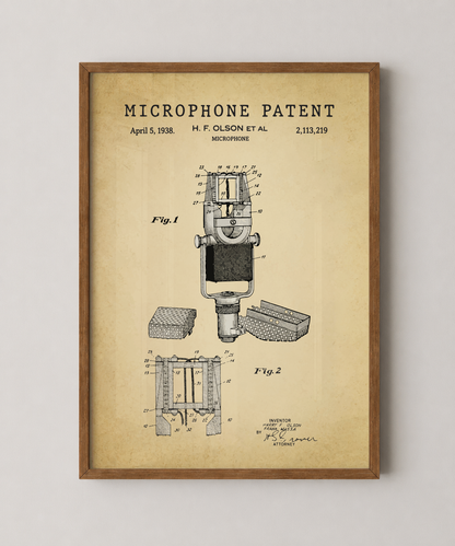 Microphone patent print in a natural oak wood frame