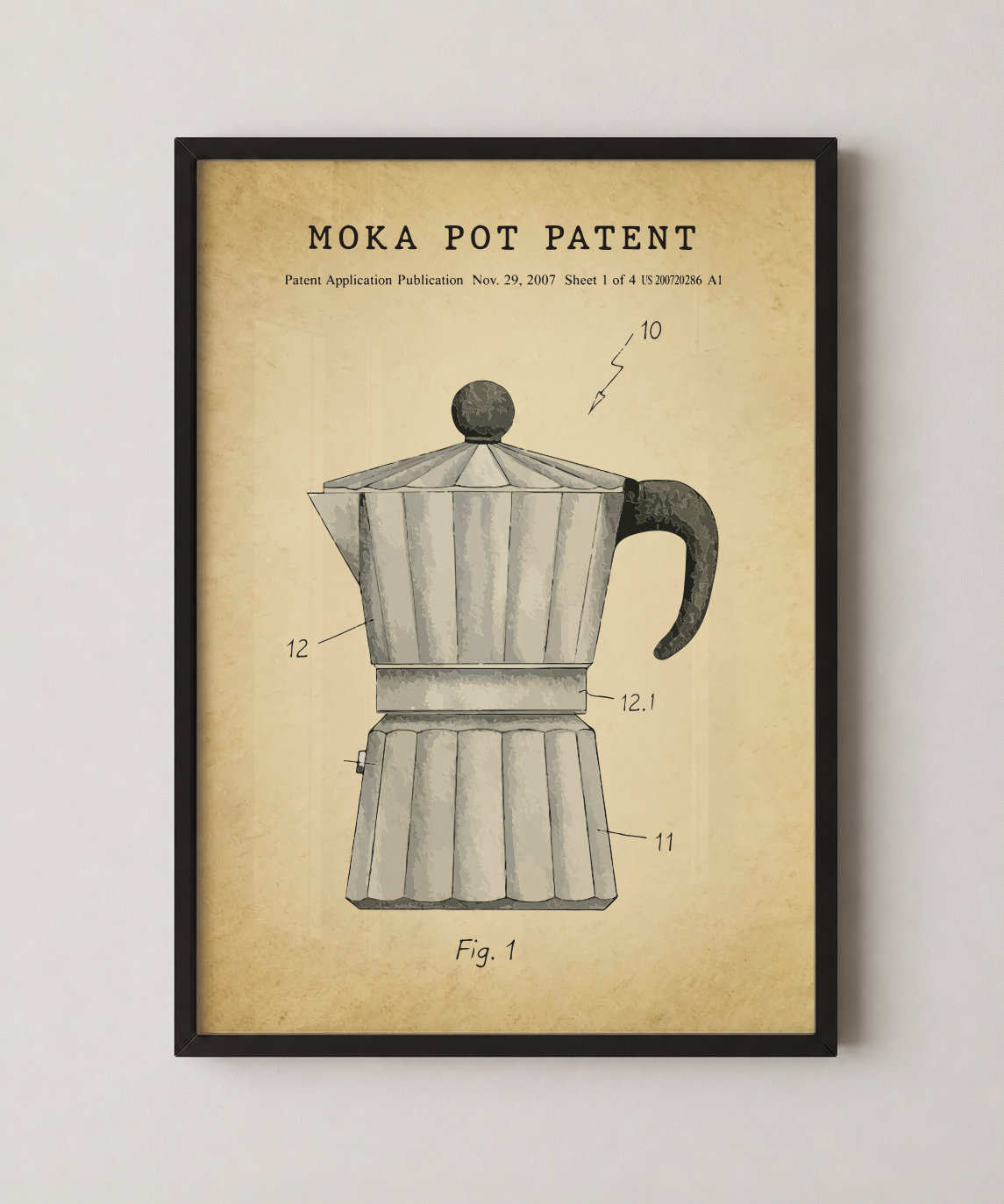 Moka pot patent print in a black frame