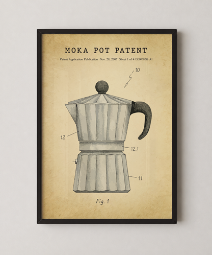 Moka pot patent print in a black frame