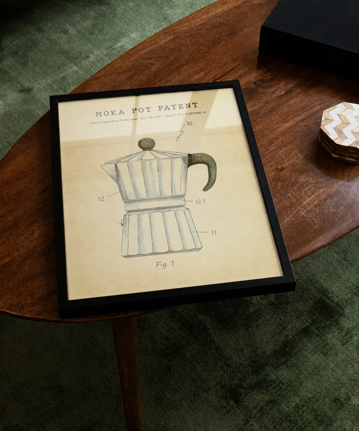 Moka pot patent print displayed on a tabletop