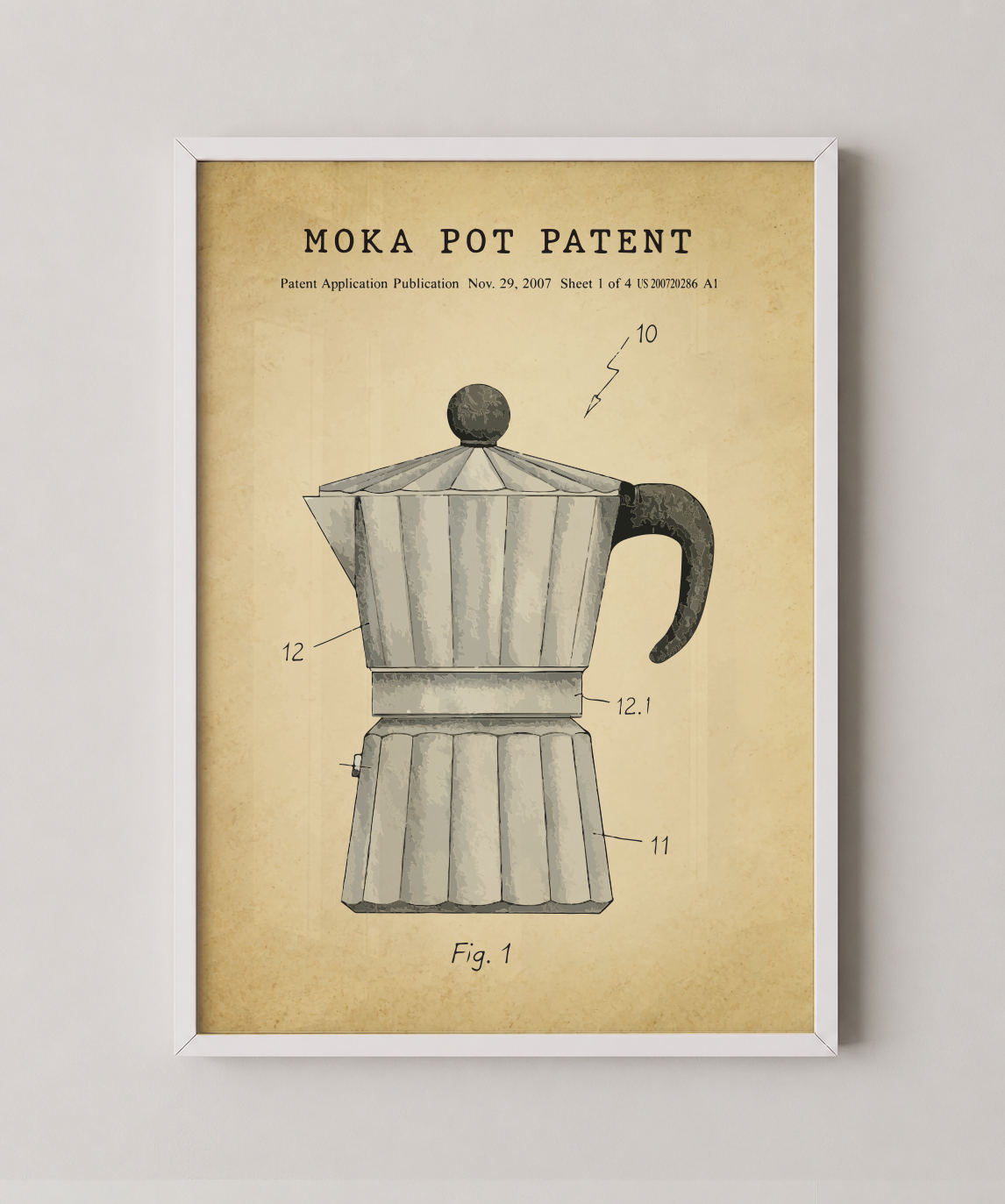 Moka pot patent print in a white frame
