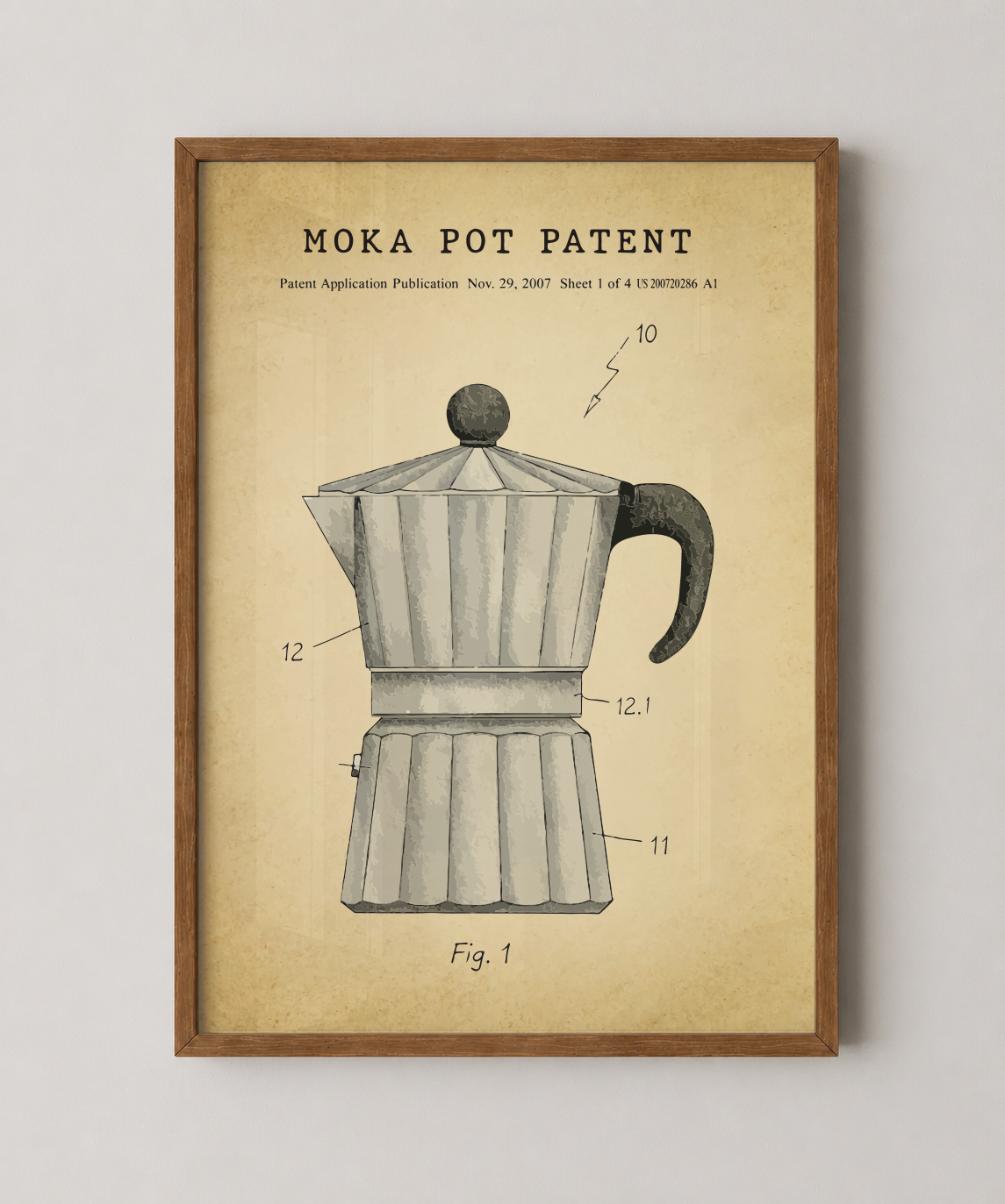 Moka pot patent print in a natural oak wood frame