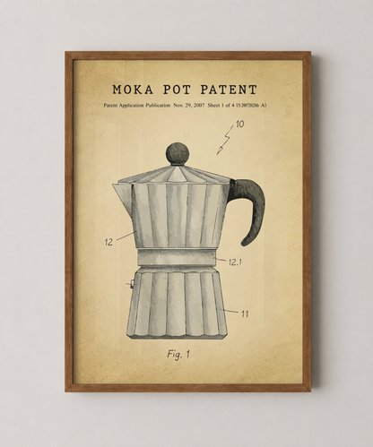Moka pot patent print in a natural oak wood frame