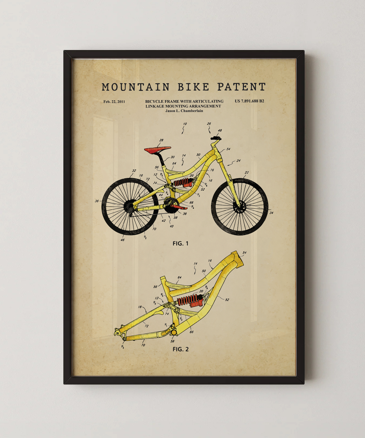 Mountain bike patent print in a black frame