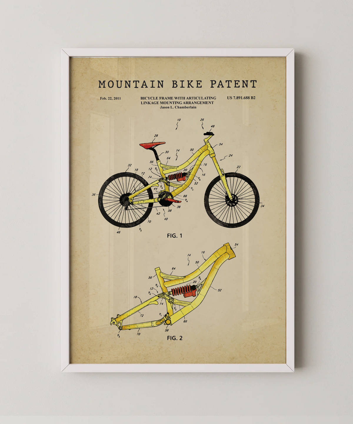 Mountain bike patent print in a white frame
