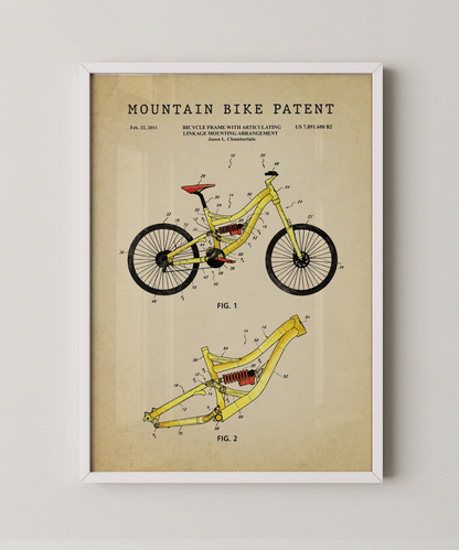 Mountain bike patent print in a white frame