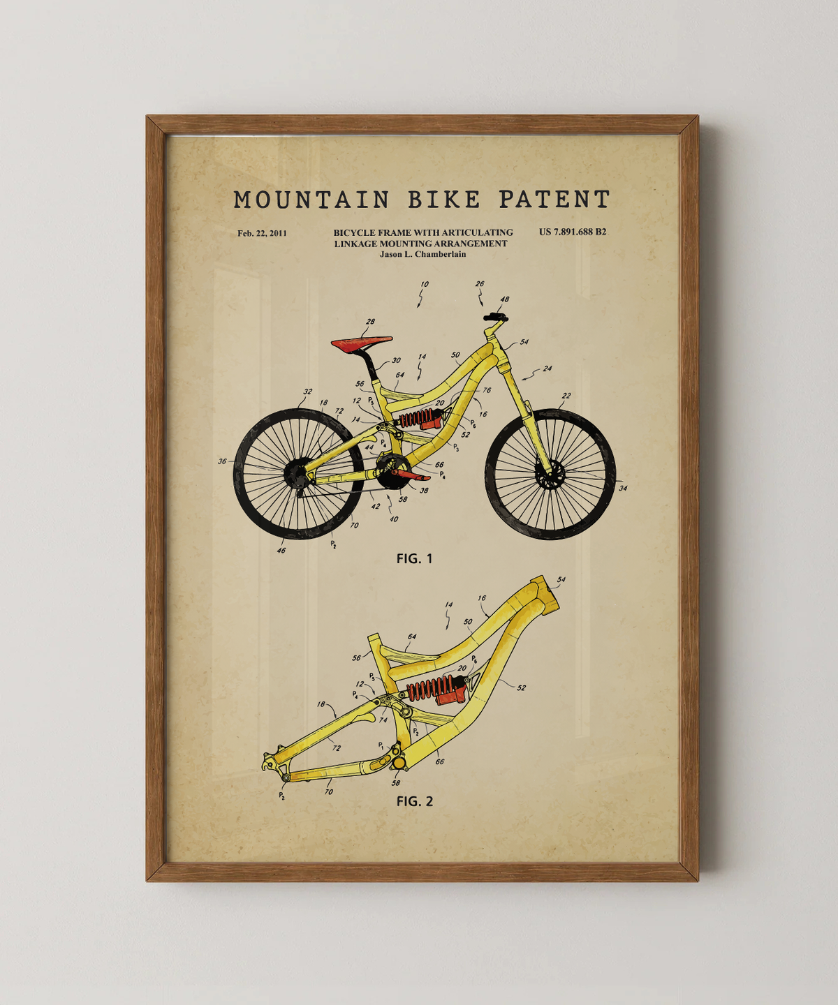 Mountain bike patent print in a natural oak wood frame