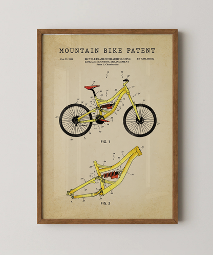Mountain bike patent print in a natural oak wood frame
