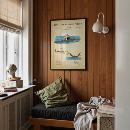 Outrigger oarlock patent print framed above a bed in a bedroom