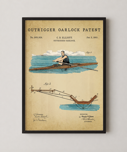 Outrigger oarlock patent print in a black frame