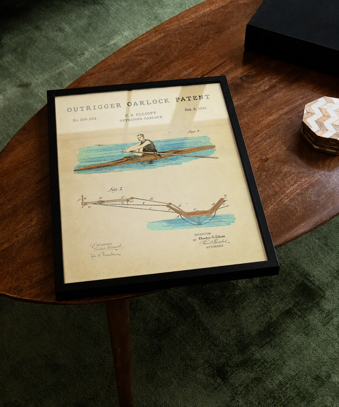 Outrigger oarlock patent print displayed on a tabletop