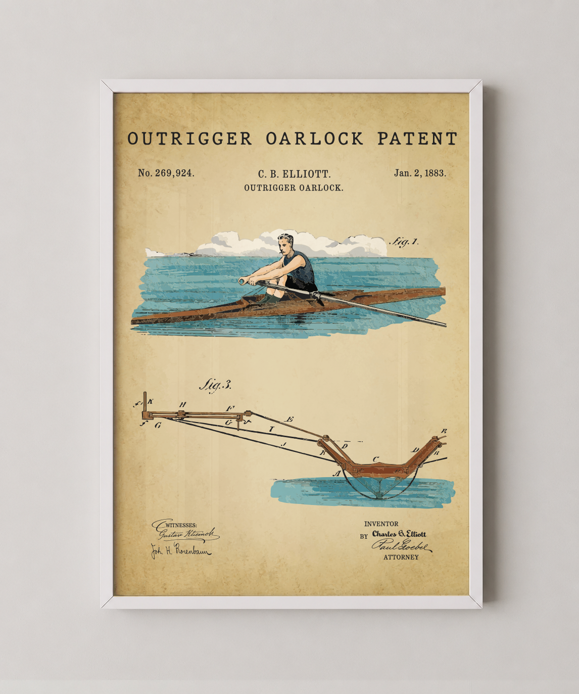 Outrigger oarlock patent print in a white frame