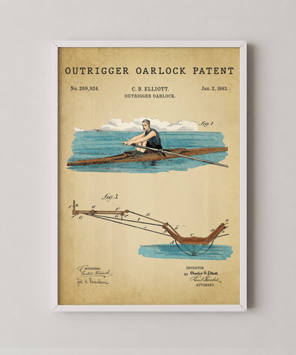 Outrigger oarlock patent print in a white frame