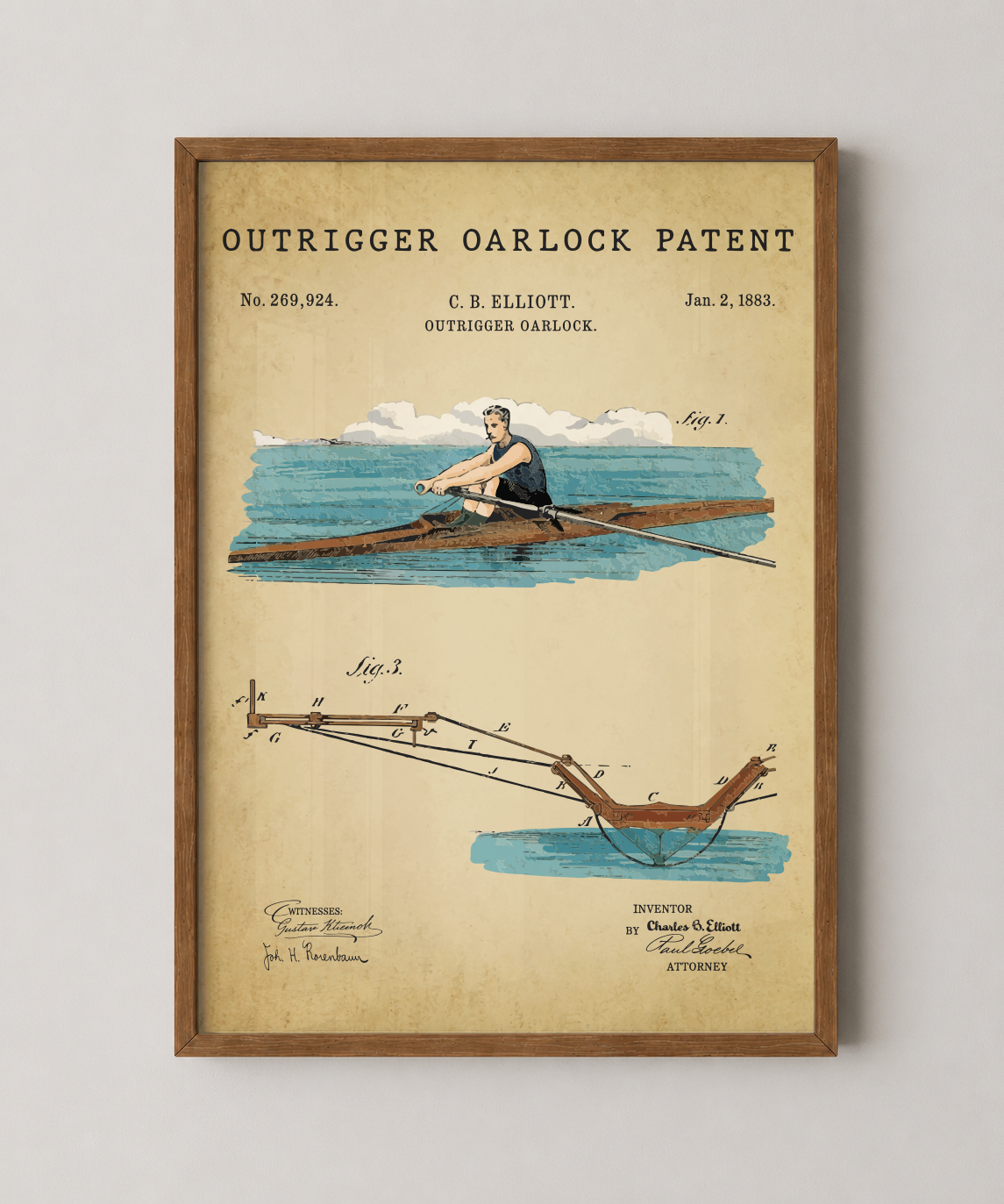 Outrigger oarlock patent print in a natural oak wood frame