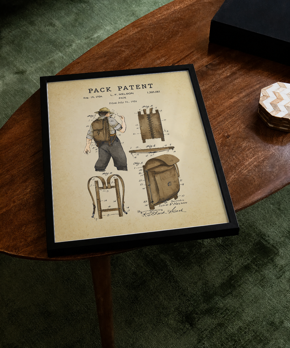 Pack patent print displayed on a tabletop