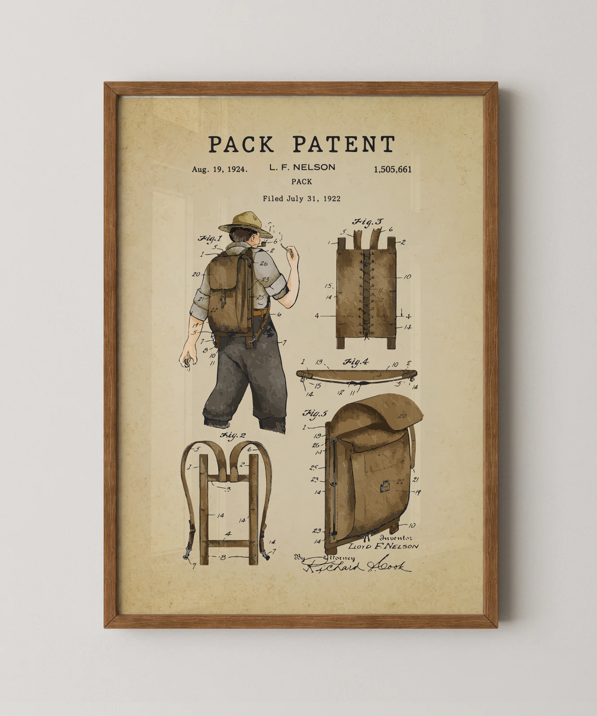 Pack patent print in a natural oak wood frame