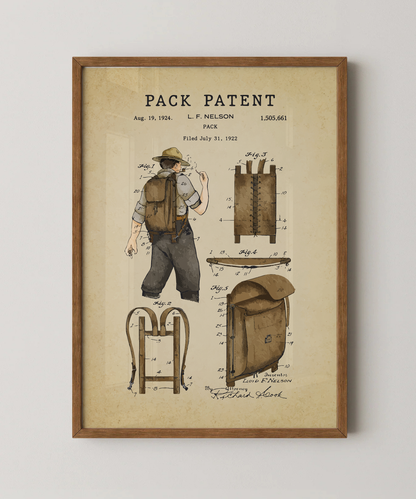Pack patent print in a natural oak wood frame