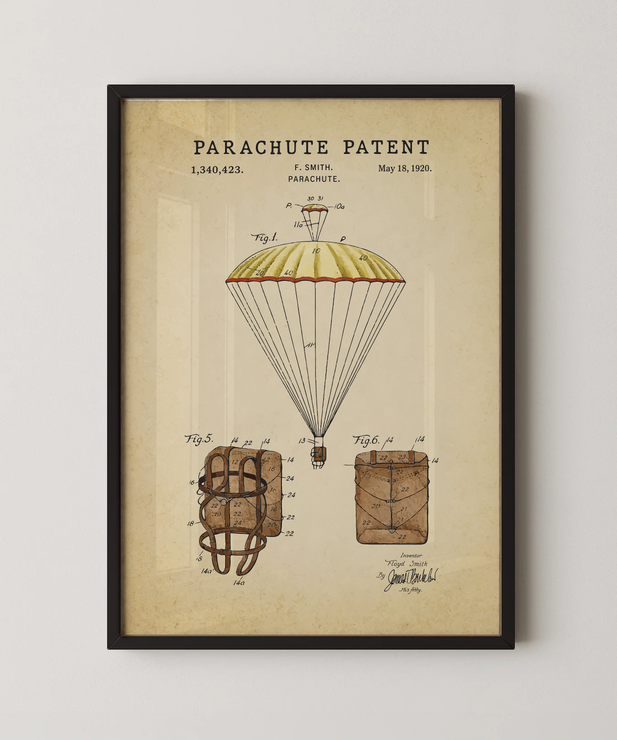 Parachute patent print in a black frame