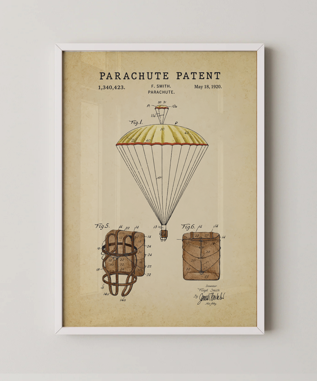 Parachute patent print in a white frame