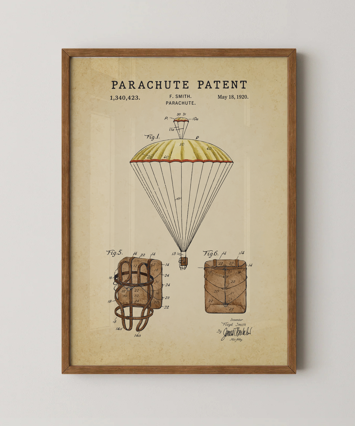 Parachute patent print in a natural oak wood frame