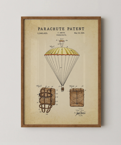 Parachute patent print in a natural oak wood frame