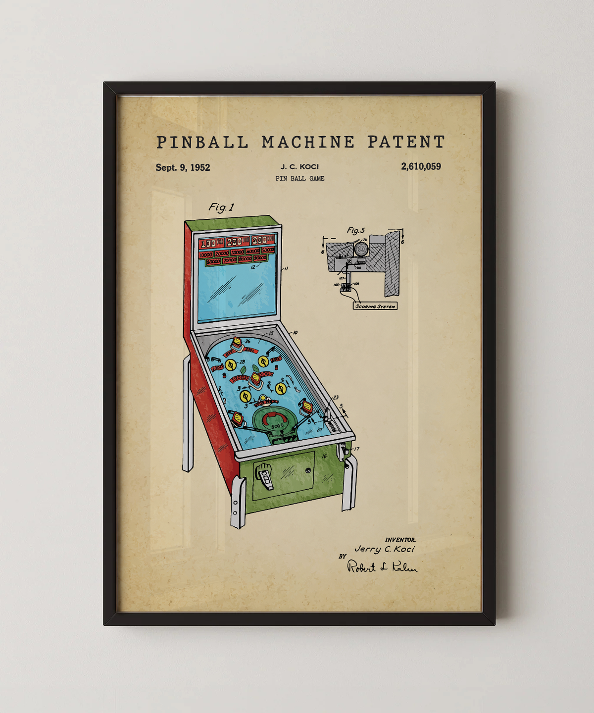 Pinball machine patent print in a black frame