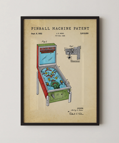 Pinball machine patent print in a black frame
