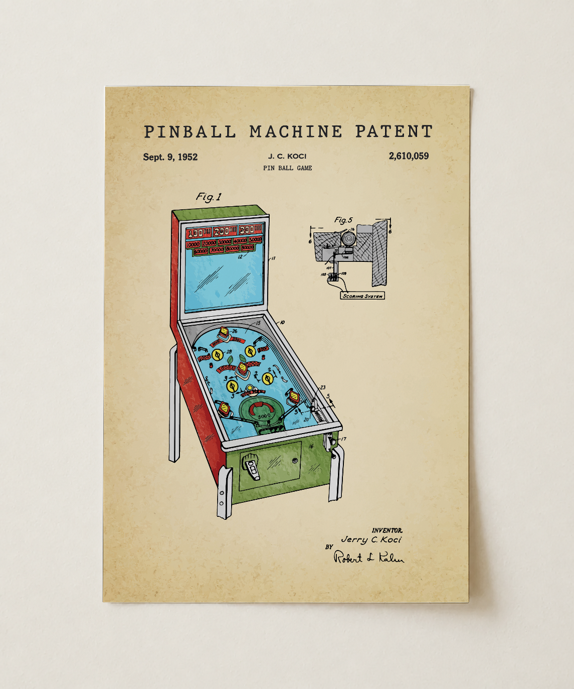 Pinball machine patent print, unframed